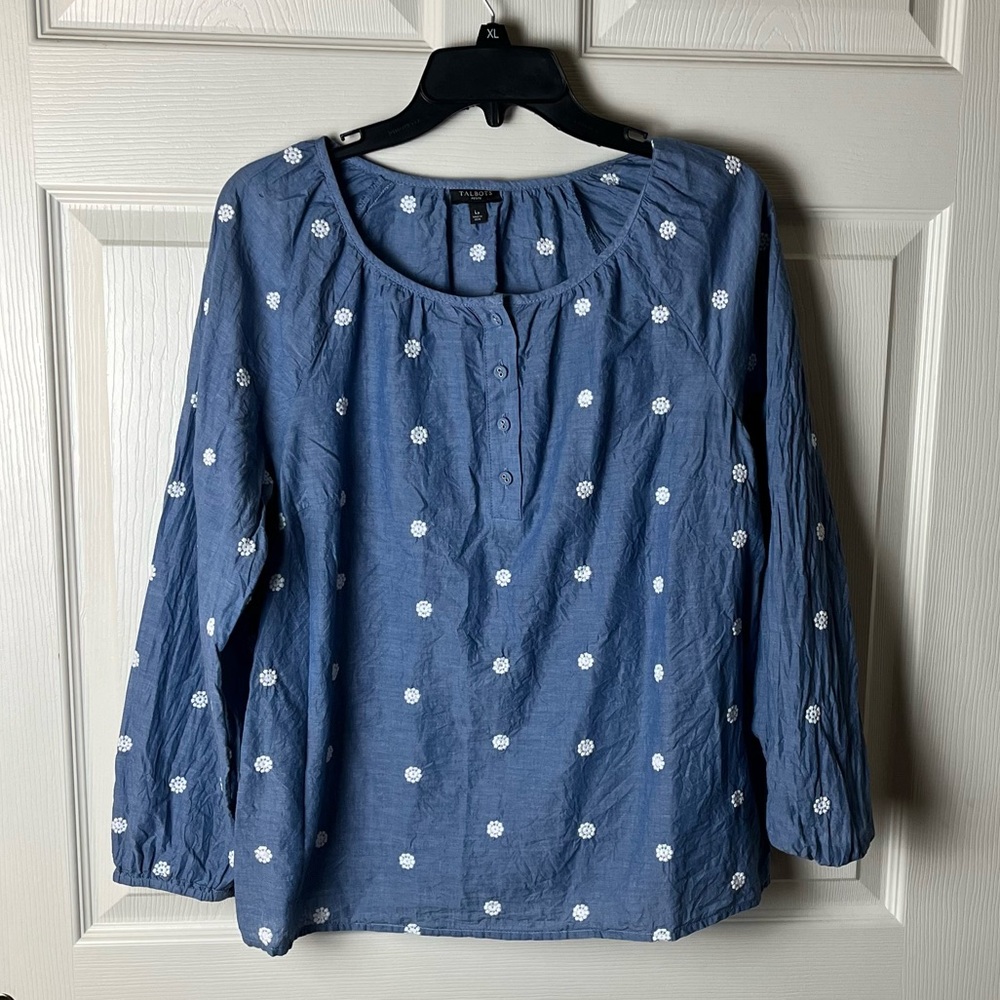 Talbots Blue Button-Front Embroidered Peasant Blouse
